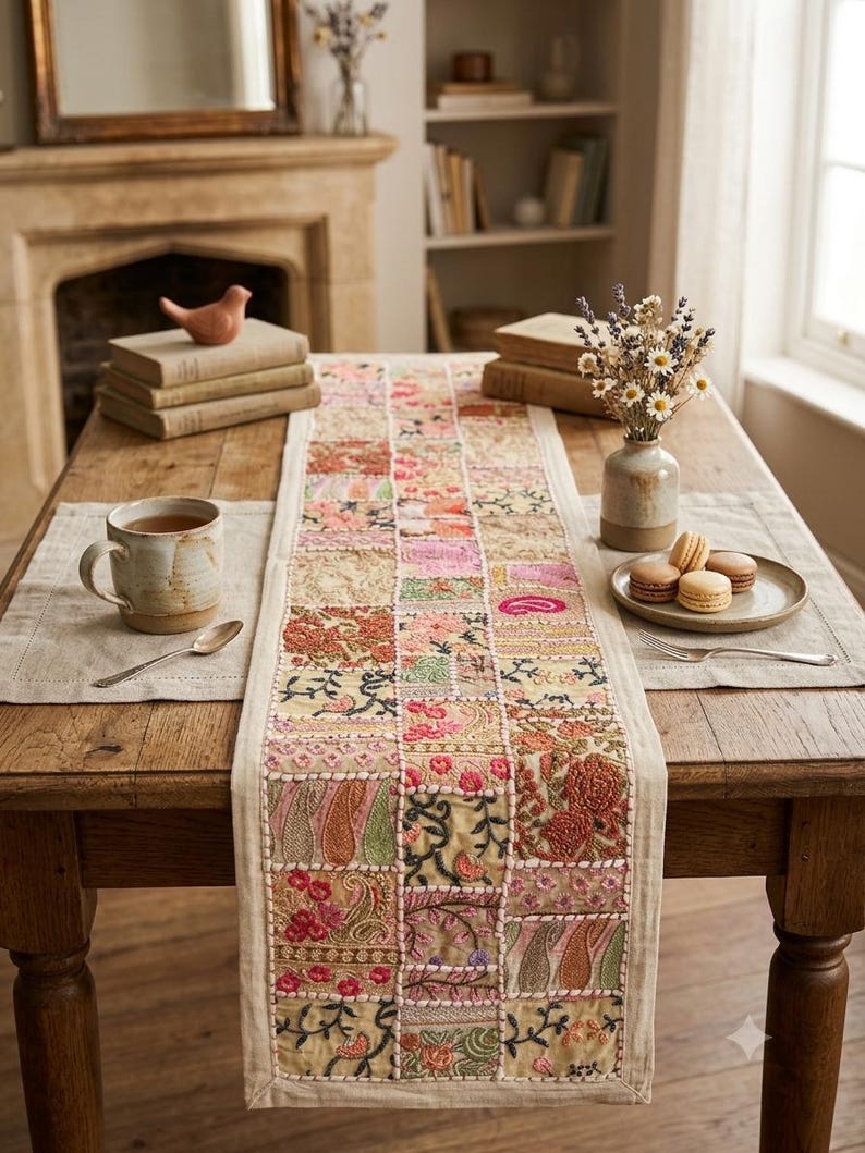 May include: A rectangular table runner featuring a patchwork design of embroidered fabric squares in shades of pink, green, gold, and cream. The runner displays intricate floral and paisley patterns with detailed stitching throughout the textile surface.