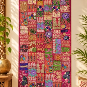 Tapiz vintage Kantha / Tapiz de pared estilo patchwork bohemio (120 x 58 cm)