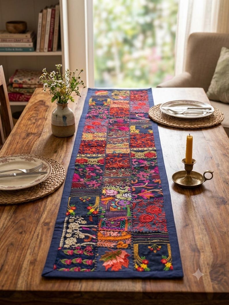 Pode incluir: Um caminho de mesa retangular com um design de patchwork de quadrados de tecido azul-escuro bordados com padr&otilde;es florais, de folhas e geom&eacute;tricos coloridos em tons de vermelho, rosa, laranja, amarelo, verde e branco, com uma borda azul.