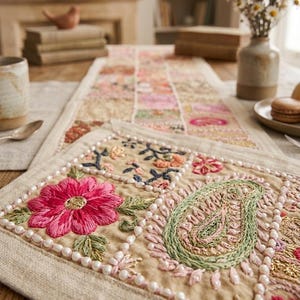 May include: A rectangular table runner made of beige fabric featuring a patchwork design of embroidered floral and paisley motifs in shades of pink, green, and gold. The runner is accented with white faux pearl beads along the borders.