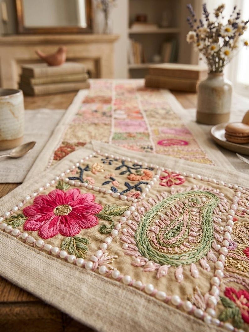 May include: A rectangular table runner made of beige fabric featuring a patchwork design of embroidered floral and paisley motifs in shades of pink, green, and gold. The runner is accented with white faux pearl beads along the borders.