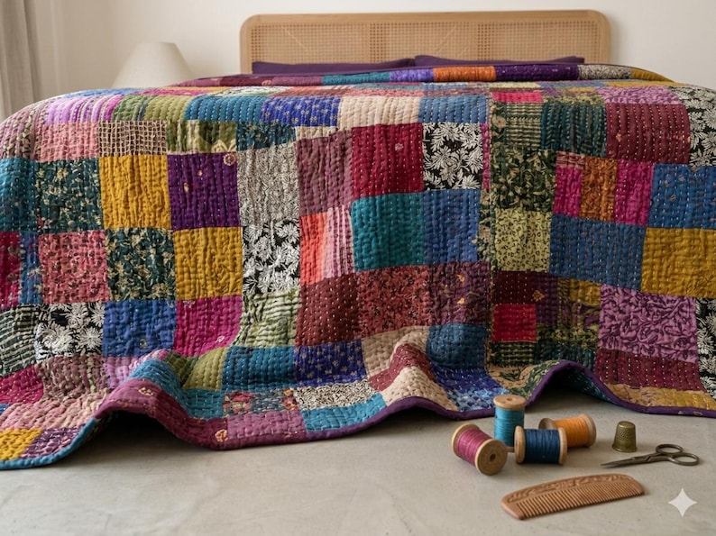 May include: A patchwork quilt in a variety of colors, including blue, yellow, pink, and purple, covers a bed. The quilt is made of squares of fabric sewn together. Sewing notions, including spools of thread, a thimble, and scissors, are on the floor.