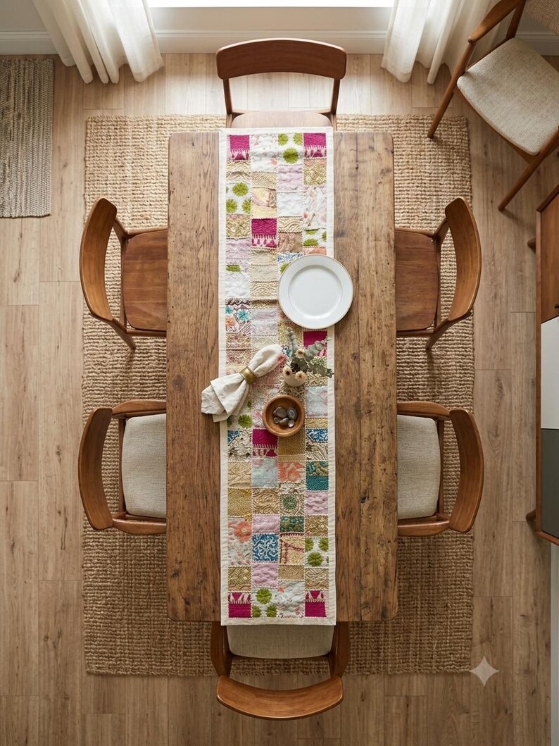 Peut inclure: Une table &agrave; manger rectangulaire en bois pr&eacute;sente un chemin de table en patchwork compos&eacute; de divers carr&eacute;s de tissu color&eacute;s. Une assiette blanche, une serviette pli&eacute;e avec un anneau dor&eacute;, un petit bol en bois et un vase sont pos&eacute;s dessus.