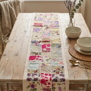 Handmade Indian Patchwork Table Runner, Vintage Sari Fabric, Boho Dining Decor (60x15 Inches)