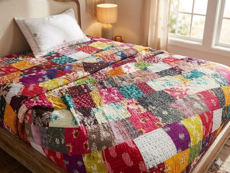 Puede incluir: Una colcha de retazos que presenta una variedad de parches de tela cuadrados en colores vibrantes que incluyen rojo, amarillo, morado, verde azulado y negro. La colcha muestra diversos patrones florales y de cachemira con costuras blancas visibles.