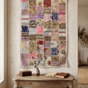 Indischer Sari Patchwork Wandteppich | Gestickte Boho Ethnic Home Decor | 92x61 cm