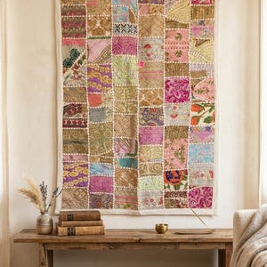 Arazzo patchwork Sari fatto a mano - Decorazione murale indiana ricamata colorata - (90 * 60) cm