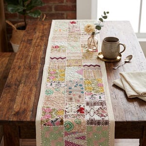 Könnte beinhalten: Rechteckiger Patchwork-Tischläufer mit cremefarbenem Rand. Er zeigt florale und geometrische Muster in Rosa, Grün, Gelb und Creme. Eine Tasse, Untertasse und Löffel befinden sich auf dem Holztisch.
