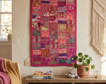 Handmade Indian Sari Patchwork Tapestry – Embroidered Wall Hanging, Vibrant Boho Ethnic Decor (120x60 cm)
