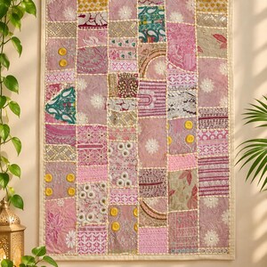 Handmade Indian Sari Patchwork Tapestry, Embroidered Boho Wall Hanging (36x24 inches)