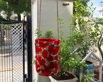 Velvet Embroidery Potli Bags: Red & Gold Wedding Favor, Festive Gift