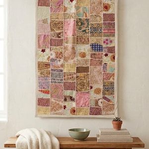 Handgjord indisk sari-väggtapet med lapptäcke | Broderad bohemisk etnisk heminredning | 96x61 cm