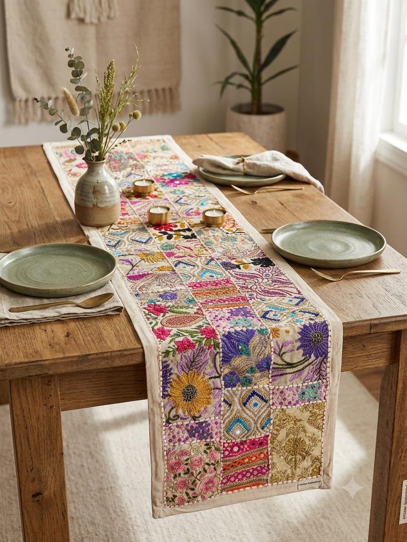 May include: A rectangular table runner featuring a patchwork design of embroidered floral and geometric patterns in vibrant shades of pink, yellow, purple, and gold on a cream-colored fabric base, laid flat on a wooden dining table with place settings.