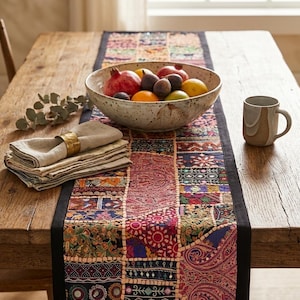 Handmade Indian Patchwork Table Runner, Vintage Sari Fabric, Boho Dining Decor (60x15 Inches)
