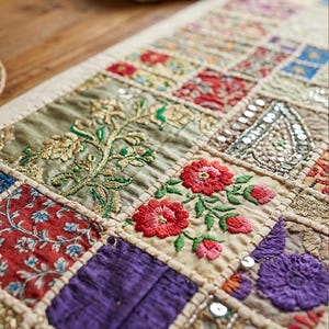 Peut inclure: Un chemin de table rectangulaire compos&eacute; d'un assemblage de carr&eacute;s de tissu. Le textile pr&eacute;sente des broderies complexes en rouge, vert et violet, agr&eacute;ment&eacute;es de paillettes m&eacute;talliques et de motifs floraux sur une base de couleur cr&egrave;me.