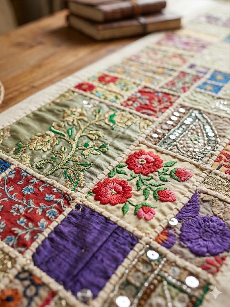 Peut inclure: Un chemin de table rectangulaire compos&eacute; d'un assemblage de carr&eacute;s de tissu. Le textile pr&eacute;sente des broderies complexes en rouge, vert et violet, agr&eacute;ment&eacute;es de paillettes m&eacute;talliques et de motifs floraux sur une base de couleur cr&egrave;me.