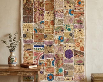 Handmade Indian Patchwork Tapestry, Vintage Sari Fabric Wall Decor, Boho Textile Art (90x60 cm)