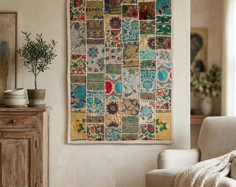 Handmade Indian Patchwork Tapestry, Vintage Sari Fabric Wall Decor, Boho Textile Art (90x60 cm)