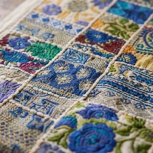 May include: A rectangular textile featuring a patchwork of embroidered squares in shades of blue, green, yellow, and purple. Each square displays intricate floral, geometric, and paisley patterns stitched with thick thread on a cream base.