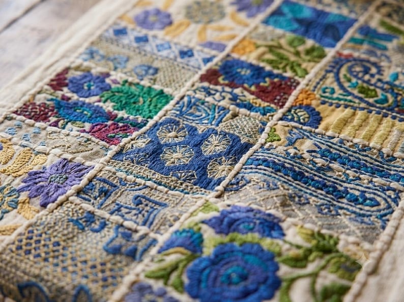 May include: A rectangular textile featuring a patchwork of embroidered squares in shades of blue, green, yellow, and purple. Each square displays intricate floral, geometric, and paisley patterns stitched with thick thread on a cream base.