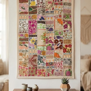 Geborduurd wandtapijt, handgemaakte Indiase sari-patchwork, kleurrijke boho-etnische muurdecoratie, 90 x 60 cm