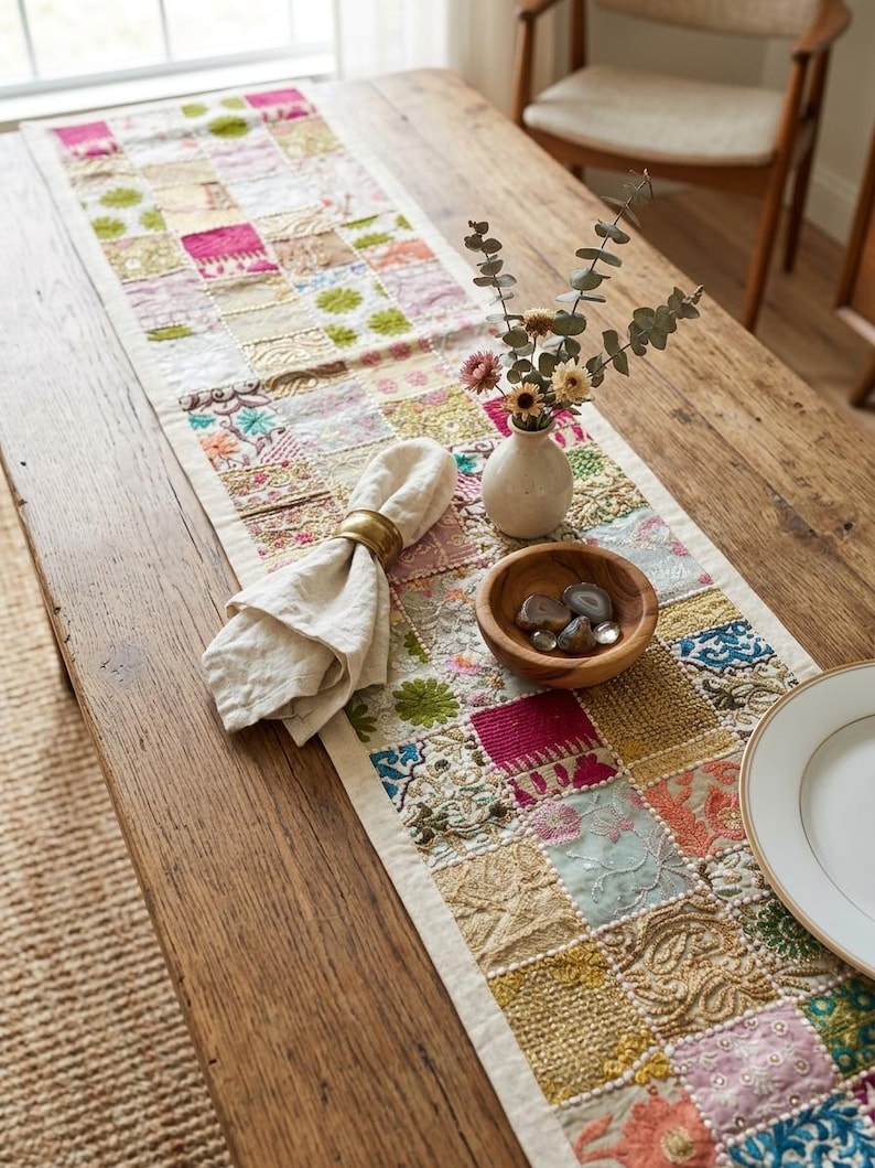 Peut inclure: Un long chemin de table rectangulaire compos&eacute; d'un patchwork de carr&eacute;s de tissu brod&eacute;s dans des tons de rose, vert, dor&eacute; et bleu. Le chemin de table est agr&eacute;ment&eacute; d'une serviette cr&egrave;me dans un rond de serviette dor&eacute;, d'un vase et d'un bol en bois.