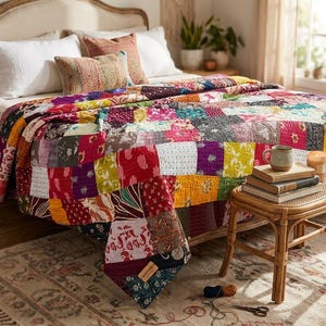 Könnte beinhalten: Eine Patchwork-Tagesdecke aus einer Vielzahl bunter Stoffquadrate mit verschiedenen Blumen-, Paisley- und geometrischen Mustern in Rot-, Gelb-, Blau-, Lila- und Grüntönen, die über ein Bett mit weißen Kissen und einem hölzernen Kopfteil drapiert ist.