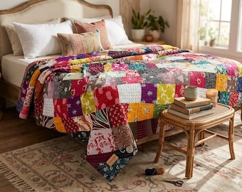 Boho Kantha Quilt Handmade Patchwork Cotton Bedspread | King 105x88 & Throw Twin 94x62 | Bohemian Blanket