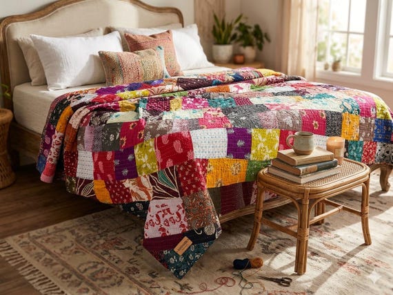 Boho Kantha Quilt Handmade Patchwork Cotton Bedspread | King 105x88 & Throw Twin 94x62 | Bohemian Blanket