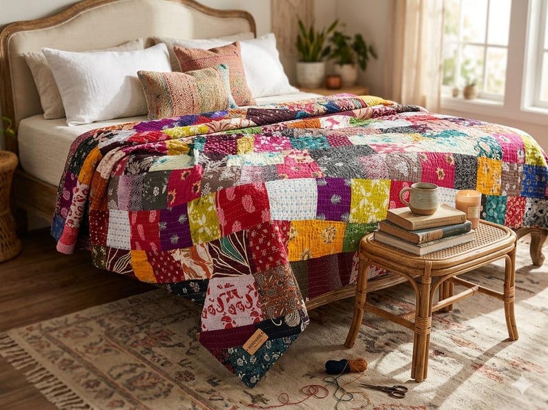 Puede incluir: Una colcha de patchwork que presenta una variedad de cuadrados de tela coloridos con diversos patrones florales, de cachemira y geom&eacute;tricos en tonos rojos, amarillos, azules, morados y verdes, colocada sobre una cama con almohadas blancas y cabecero de madera.