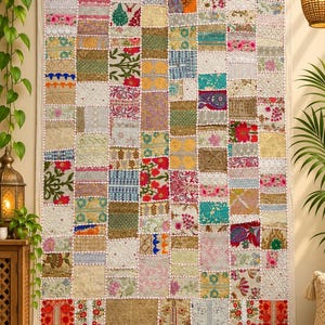 Vintage Sari Patchwork Quilted Wall Tapestry, Handmade Boho Textile Art, Kutch Embroidery (150x105 cm)