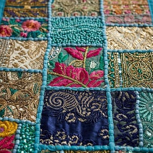 Pode incluir: Um caminho de mesa retangular com um design de patchwork de v&aacute;rios quadrados de tecido em tons de azul-petr&oacute;leo, dourado, rosa e azul-marinho. Os quadrados s&atilde;o adornados com bordados intrincados, lantejoulas e missangas, separados por bordas de tecido azul-petr&oacute;leo.