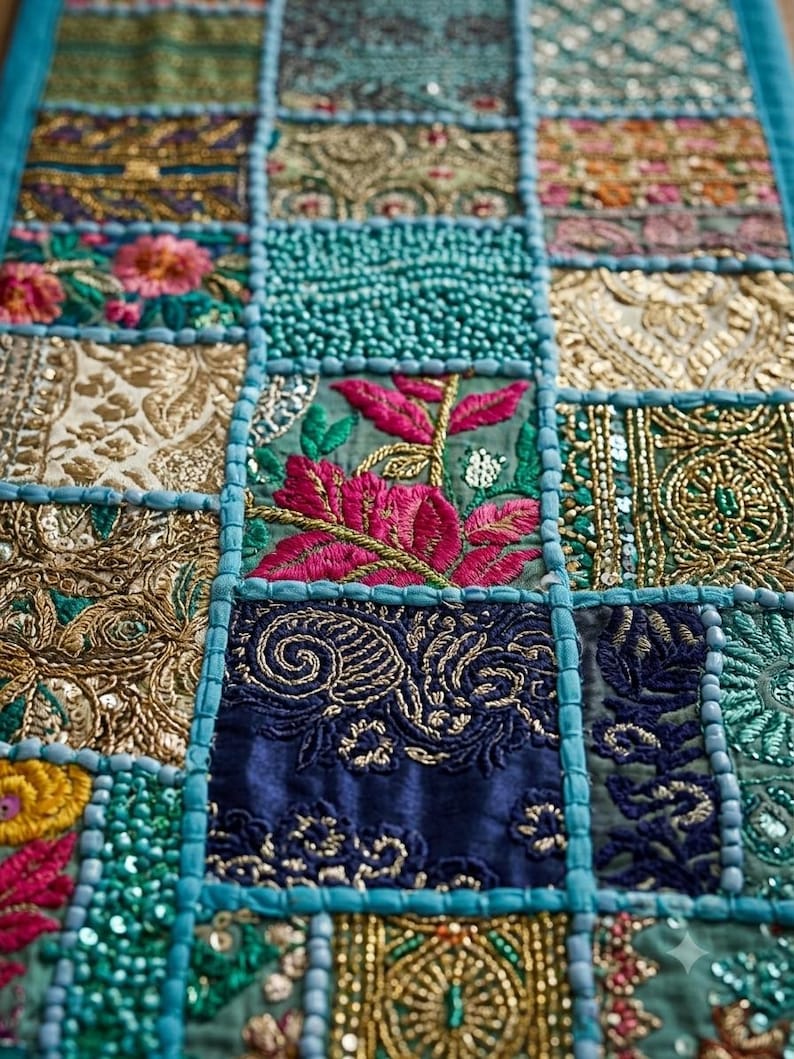 Pode incluir: Um caminho de mesa retangular com um design de patchwork de v&aacute;rios quadrados de tecido em tons de azul-petr&oacute;leo, dourado, rosa e azul-marinho. Os quadrados s&atilde;o adornados com bordados intrincados, lantejoulas e missangas, separados por bordas de tecido azul-petr&oacute;leo.
