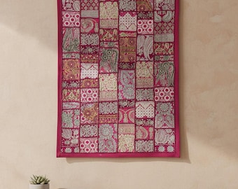 Embroidered Wall Tapestry - Handmade Indian Sari Patchwork Art, Vibrant Ethnic Decor (90x60 cm)
