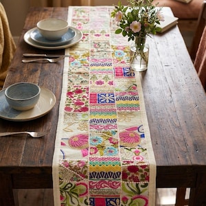 60x15 Patchwork Table Runner | Vintage Sari Fabric | Bohemian Dining Room Decor | Indian Textiles