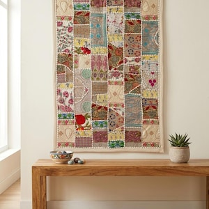 Embroidered Wall Tapestry, Handmade Indian Sari Patchwork, Colorful Boho Ethnic Wall Hanging, 90x60 cm
