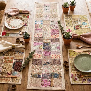 Set boho patchwork tafelloper en matten (5 stuks) | 60" handgemaakt tafellinnen in kantha-stijl