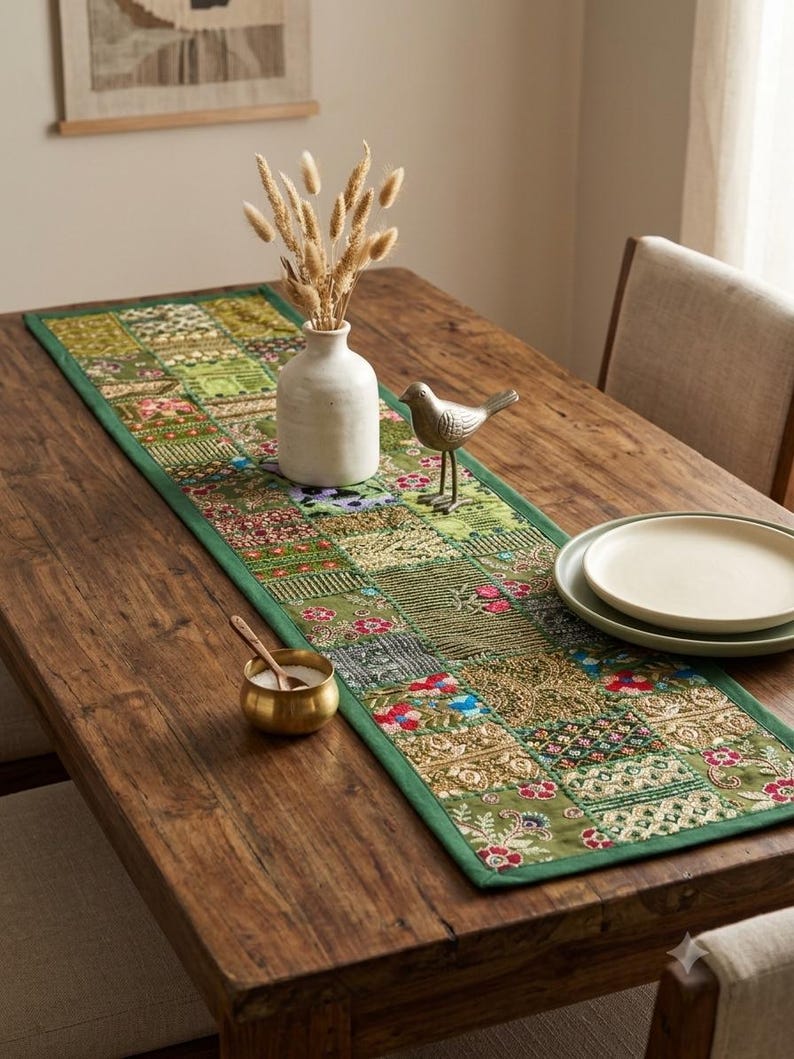 Peut inclure: Un chemin de table rectangulaire pr&eacute;sentant un motif patchwork compos&eacute; de divers carr&eacute;s de tissu brod&eacute;s dans des tons verts, dor&eacute;s et floraux. Le chemin de table poss&egrave;de une bordure verte unie et est orn&eacute; de broderies complexes et de fils m&eacute;talliques.