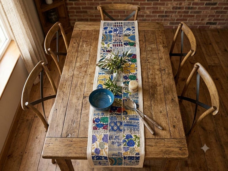 May include: A rectangular table runner featuring a patchwork design of various blue, green, yellow, and white floral and geometric patterns. The runner is centred on a wooden dining table with four wooden chairs, a blue bowl, and metal utensils.