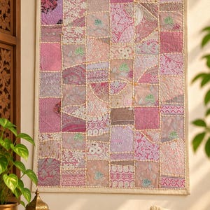 Handmade Patchwork Tapestry, Indian Cotton Wall Hanging, Boho Textile Art, Embroidered Home Accent