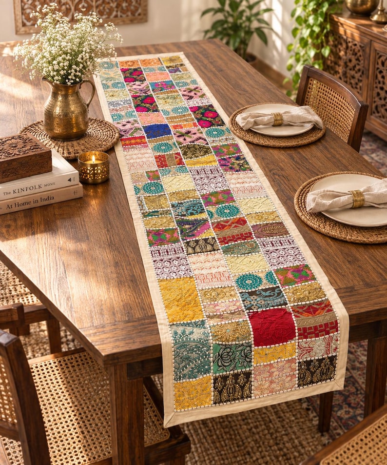 Peut inclure: Un long chemin de table rectangulaire pr&eacute;sentant un motif en patchwork compos&eacute; de nombreux petits carr&eacute;s de tissu multicolores. Le chemin de table affiche une vari&eacute;t&eacute; de motifs complexes, de textures et de teintes vives dont le rouge, le jaune, le bleu et le vert.