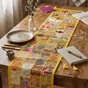 Caminho de mesa patchwork 70x18 polegadas, decoração boho para sala de jantar.