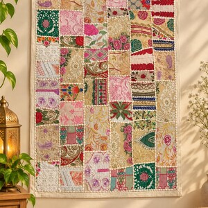 Handmade Patchwork Tapestry, Indian Cotton Wall Hanging, Boho Textile Art, Embroidered Home Accent