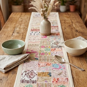 Peut inclure: Un chemin de table rectangulaire présentant un motif patchwork composé de divers carrés de tissu brodés aux couleurs pastel et vives. Le chemin est en tissu blanc cassé avec des broderies complexes, des motifs floraux et des points géométriques.