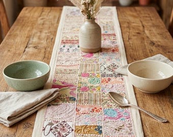 Ręcznie robiony bieżnik na stół w stylu patchworkowym 60x15, dekoracja boho z haftowanym sari, kolorowy indyjski akcent na stół