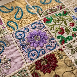 Peut inclure: Un chemin de table textile rectangulaire compos&eacute; d'un patchwork de carr&eacute;s de tissu brod&eacute;s. Le motif pr&eacute;sente des panneaux dor&eacute;s, lavande et blancs orn&eacute;s de motifs floraux complexes, de dessins cachemire et de fils m&eacute;talliques.