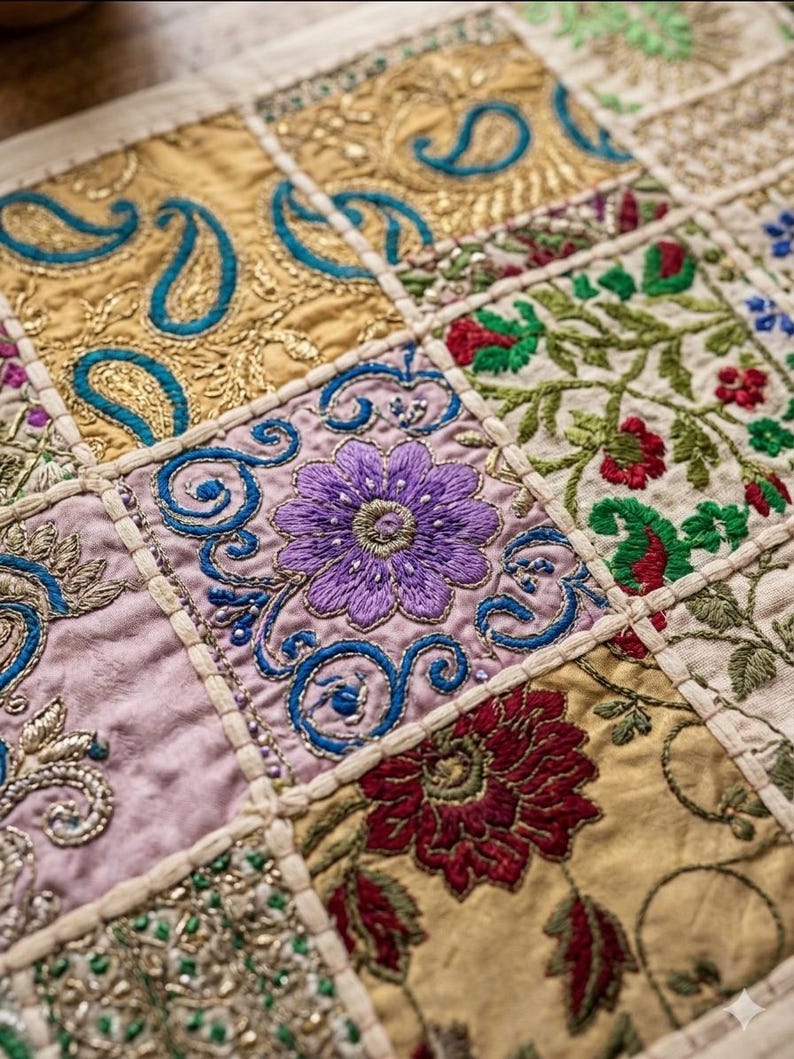 Peut inclure: Un chemin de table textile rectangulaire compos&eacute; d'un patchwork de carr&eacute;s de tissu brod&eacute;s. Le motif pr&eacute;sente des panneaux dor&eacute;s, lavande et blancs orn&eacute;s de motifs floraux complexes, de dessins cachemire et de fils m&eacute;talliques.