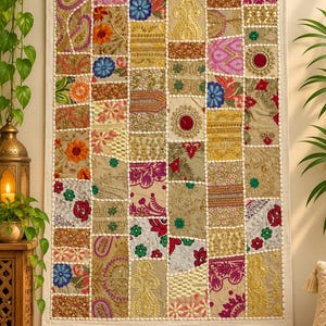 Handmade Indian Sari Patchwork Wall Tapestry | Embroidered Boho Ethnic Home Decor | 36x24 inches