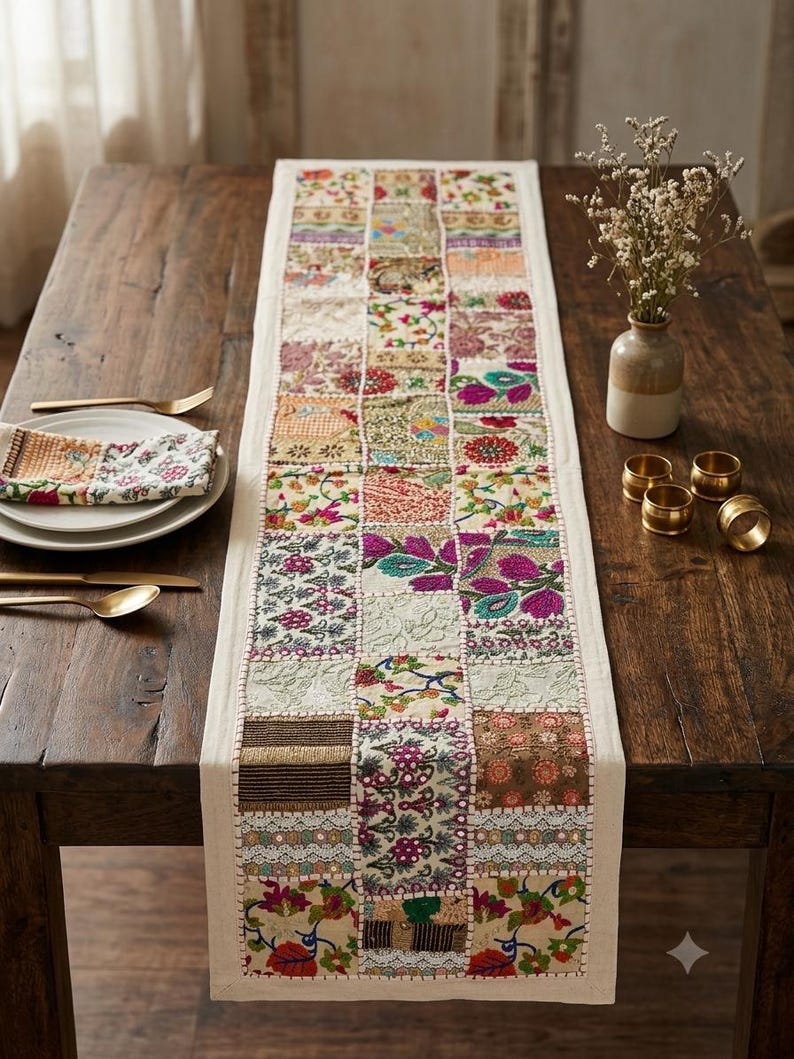 May include: A rectangular table runner featuring a patchwork design of various embroidered fabric squares in vibrant colors including pink, green, yellow, and red, with intricate floral patterns, lace accents, and metallic thread detailing.