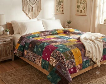 Handmade Patchwork Kantha Quilt | Bohemian Cotton Bedspread, Indian Throw Blanket
